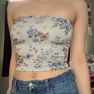 American Eagle White & Blue Floral Crop Tube Top
